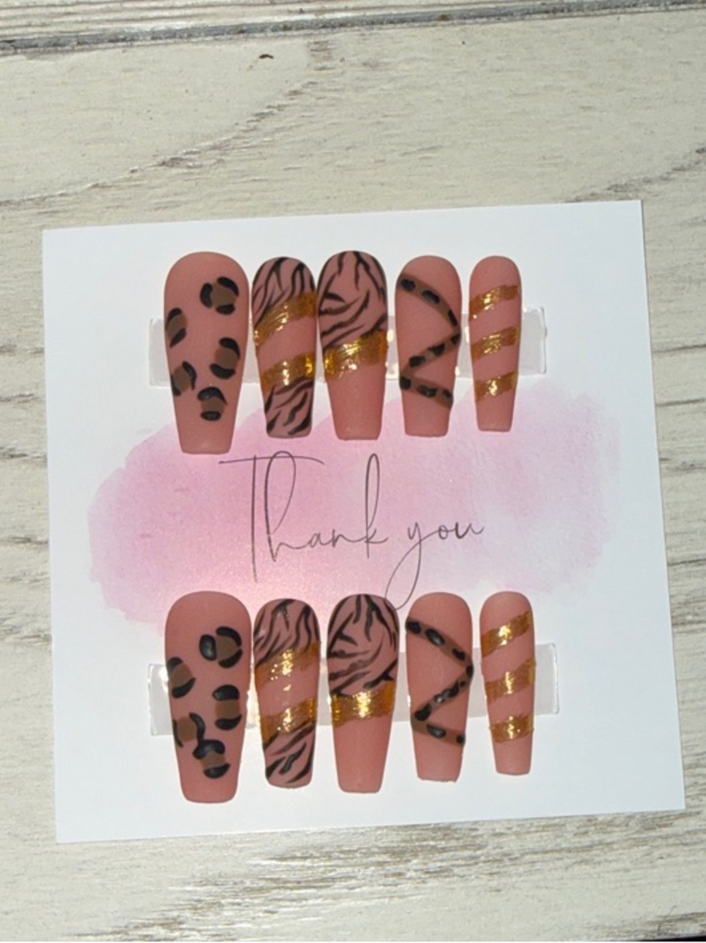 Matte Nude Pink Animal Print Press-On Nails with Gold Accent